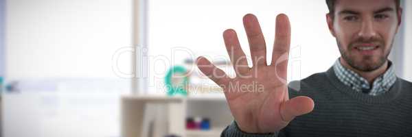 Composite image of man gesturing against white background
