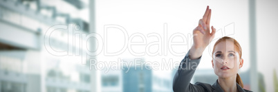 Composite image of businesswoman touching interface