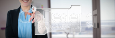 Composite image of mid section of smiling businesswoman pointing