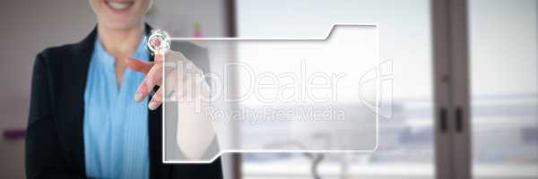 Composite image of mid section of smiling businesswoman pointing