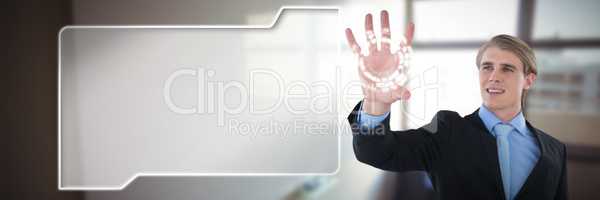 Composite image of smiling businessman gesturing on invisible interface