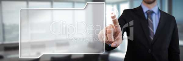 Composite image of mid section of businessman in suit selecting over invisible interface