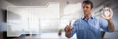 Composite image of male executive pressing an invisible virtual screen