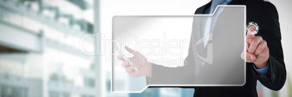 Composite image of mid section of businessman holding mobile phone while using interface screen