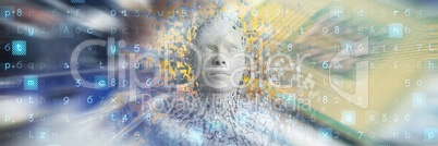 Composite image of digital image of gray pixelated woman