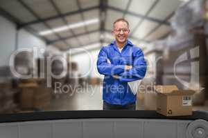 Composite 3d image of smiling warehouse manager standing with arms crossed
