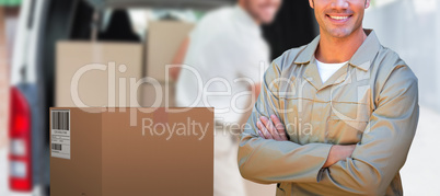 Composite 3d image of confident delivery man standing with arms crossed