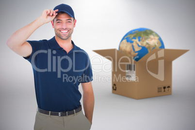 Composite 3d image of portrait of happy delivery man wearing cap