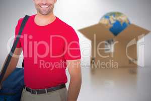 Composite 3d image of pizza delivery man holding bag