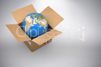 Composite 3d image of vector image of globe in cardboard box