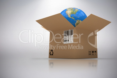 Composite 3d image of graphic image of globe in cardboard box