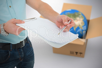 Composite 3d image of delivery man with clipboard asking for signature