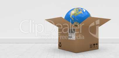 Composite 3d image of digitally generated image of globe in cardboard box