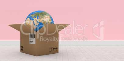 Composite 3d image of digital composite image of globe in brown cardboard box