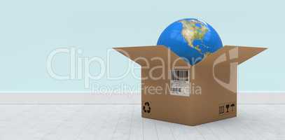 Composite 3d image of illustration of globe in cardboard box