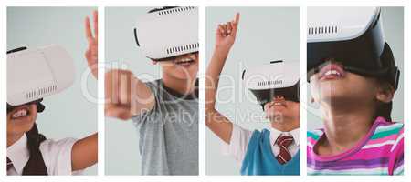 School girl gesturing while wearing VR headset