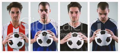 Composite image of portrait of confident athlete holding football