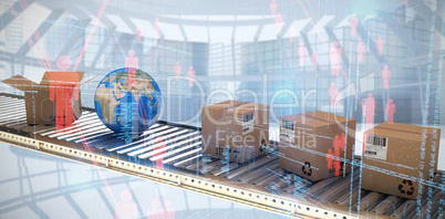 Composite image of cardboard boxes and globe on conveyor belt