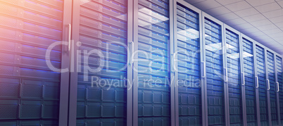 Hallway with row of tower servers