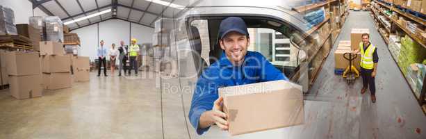 Composite image of delivery driver offering parcel from his van