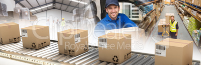 Composite image of cardboard boxes on production line