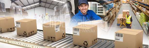 Composite image of cardboard boxes on production line