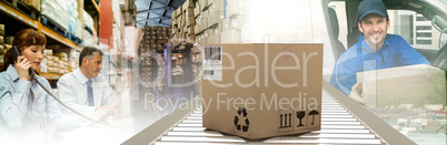 Composite image of packed parcel box on conveyor belt
