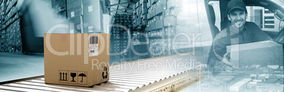 Composite image of packed carton box on conveyor belt