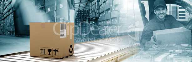 Composite image of packed carton box on conveyor belt