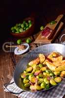 Brussels Sprouts with ham ,honey and roasted potatoes