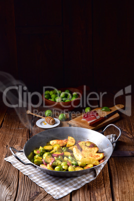 Brussels Sprouts with ham ,honey and roasted potatoes