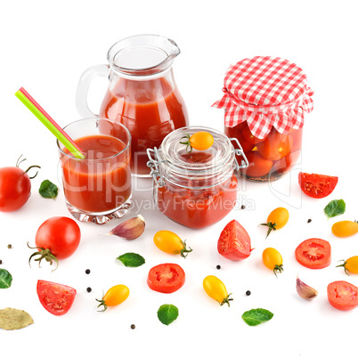 Tomato juice, ketchup and tomato isolated on white background.
