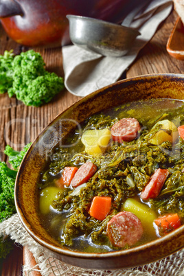 rustic kale soup with meat and sausage
