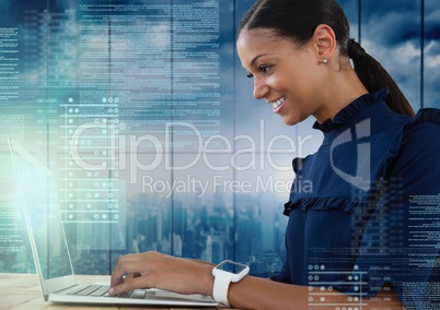 Businesswoman working on laptop with screen text interface