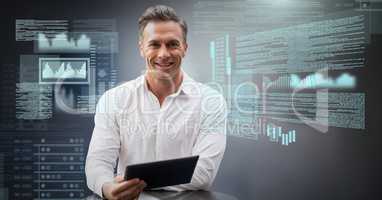 Businessman working on laptop with screen text interface