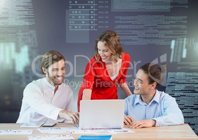Business people working on laptop with screen text interface