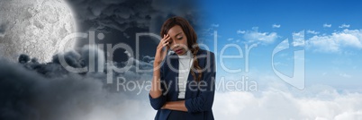 Tired woman and Day and night moon cloudy sky contrast transition