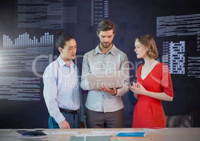 Business people working on laptop with screen text interface