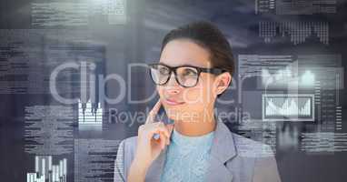 Businesswoman thinking with screen text interface