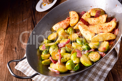 Brussels Sprouts with ham ,honey and roasted potatoes