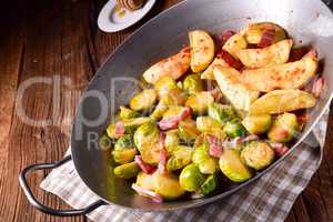 Brussels Sprouts with ham ,honey and roasted potatoes