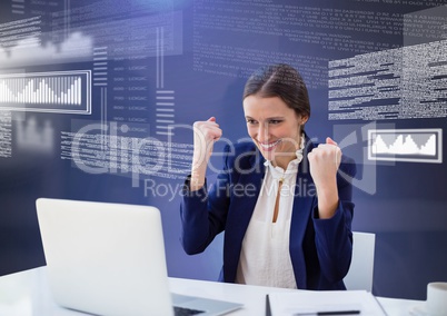Businesswoman working on laptop with screen text interface Businesswoman working on laptop with screen text interface