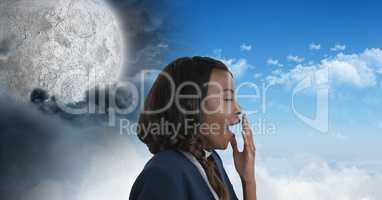 Tired woman yawning and Day and night moon cloudy sky contrast transition