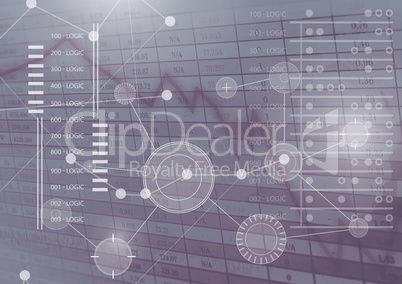 Interface overlay of connection statistics graphics with spreadsheet numerical figures background