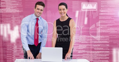 Business people working on laptop with screen text interface