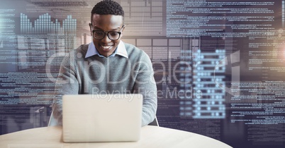 Businessman working on laptop with screen text interface