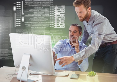 Business people working on computer with screen text interface
