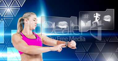 Human health and fitness interface and woman with smart watch tracking