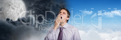 Tired man and Day and night moon cloudy sky contrast transition