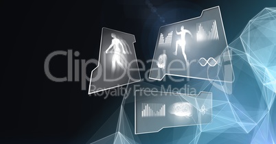 Human health and fitness interface and polygon shapes glowing background